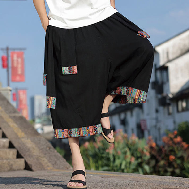 Buddha Stones Summer Ethnic 7-8 Length Cropped Cotton Men's Wide Leg Pants With Pockets - image 6