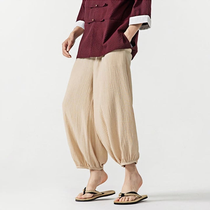 Buddha Stones Soft Solid Color Drawstring Cotton Men's Pants With Pockets - image 1