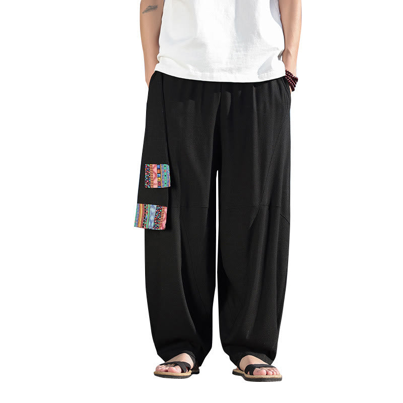 Buddha Stones Simple Patchwork Design Drawstring Soft Cotton Men's Wide Leg Pants With Pockets - image 21