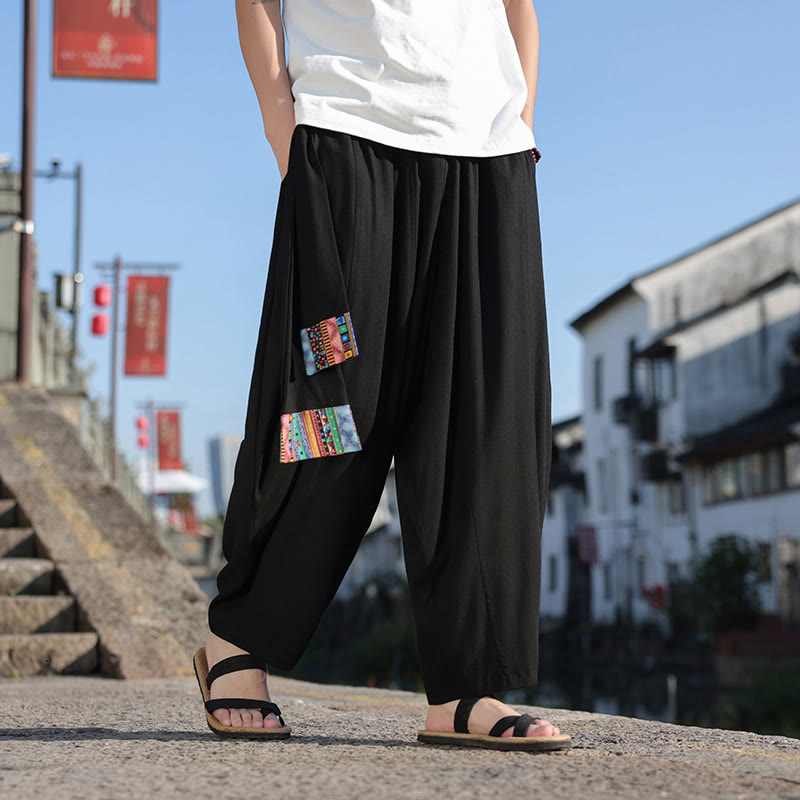Buddha Stones Simple Patchwork Design Drawstring Soft Cotton Men's Wide Leg Pants With Pockets - Black - US/UK/AU46，EU56 (5XL) - image 11