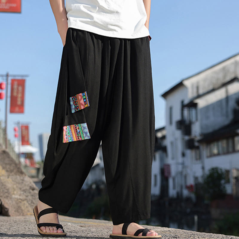 Buddha Stones Simple Patchwork Design Drawstring Soft Cotton Men's Wide Leg Pants With Pockets - image 15