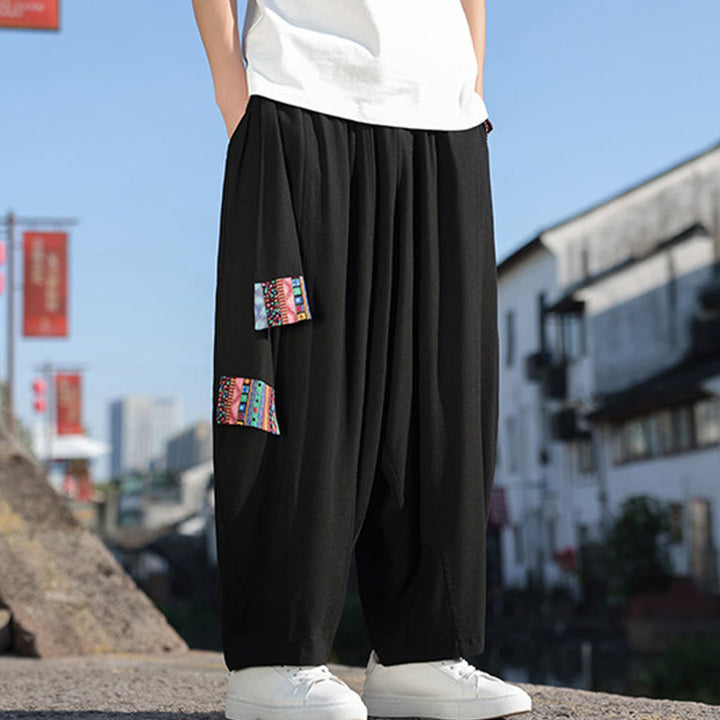 Buddha Stones Simple Patchwork Design Drawstring Soft Cotton Men's Wide Leg Pants With Pockets - image 19