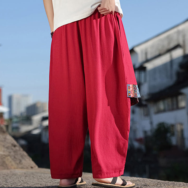 Buddha Stones Simple Patchwork Design Drawstring Soft Cotton Men's Wide Leg Pants With Pockets - image 29