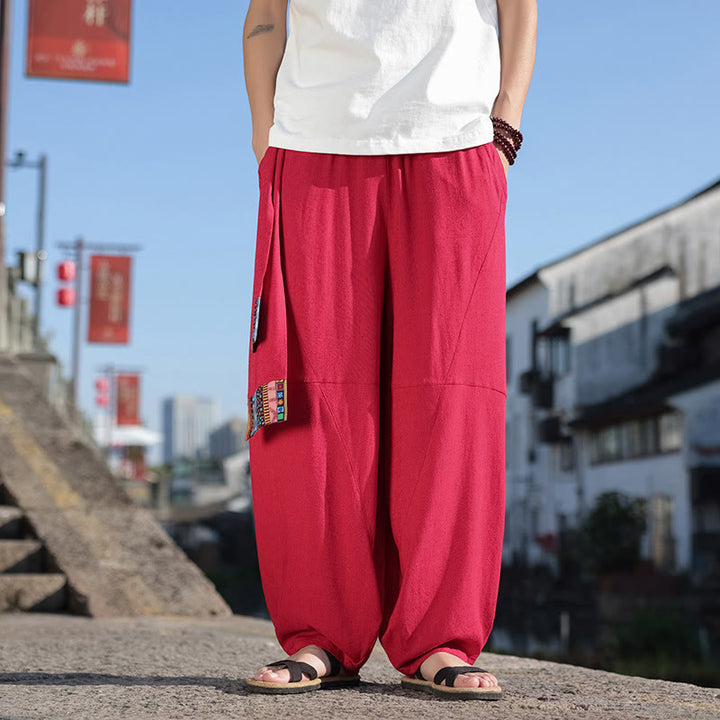 Buddha Stones Simple Patchwork Design Drawstring Soft Cotton Men's Wide Leg Pants With Pockets - image 30