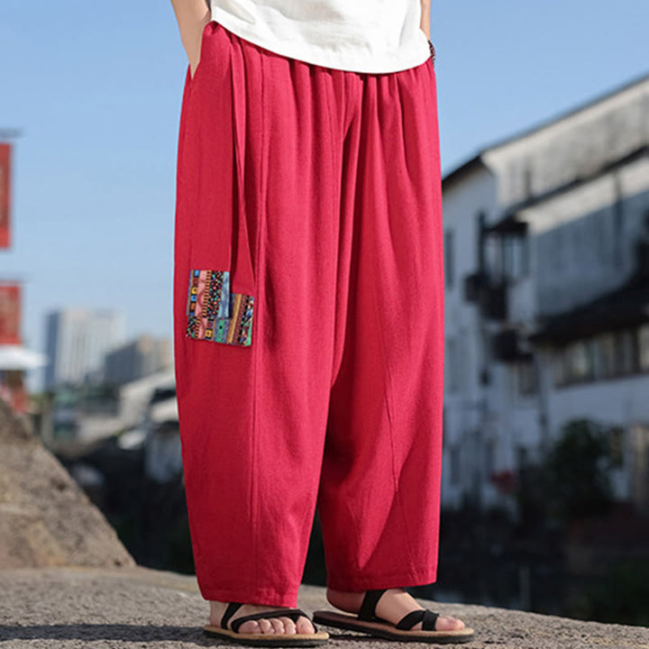 Buddha Stones Simple Patchwork Design Drawstring Soft Cotton Men's Wide Leg Pants With Pockets - image 27