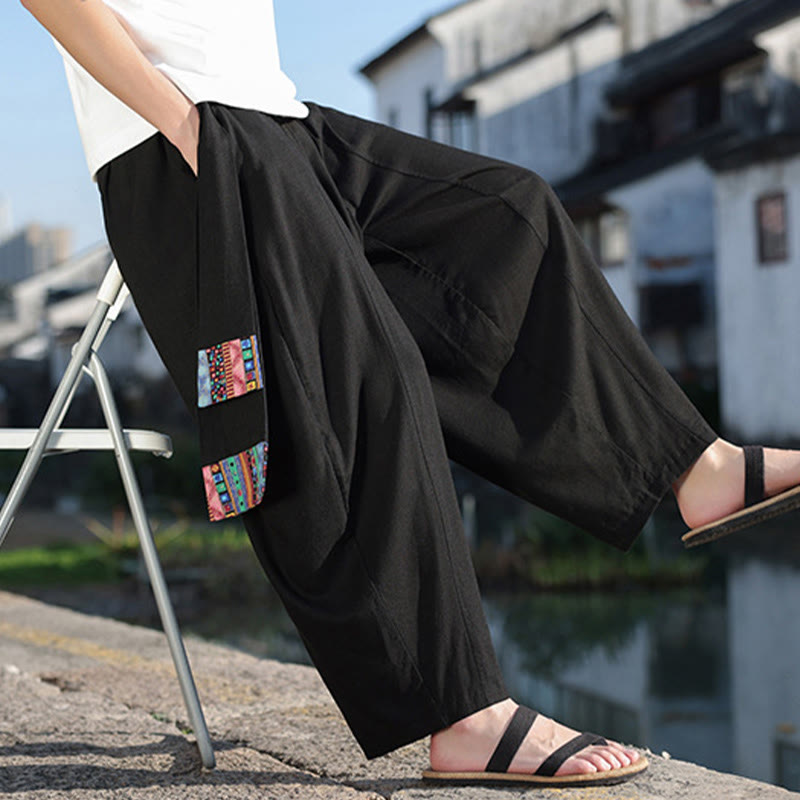 Buddha Stones Simple Patchwork Design Drawstring Soft Cotton Men's Wide Leg Pants With Pockets - image 17