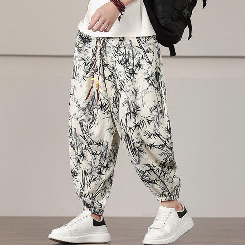 Buddha Stones Bamboo Leaf Pattern Drawstring Men's Harem Pants With Pockets - image 4