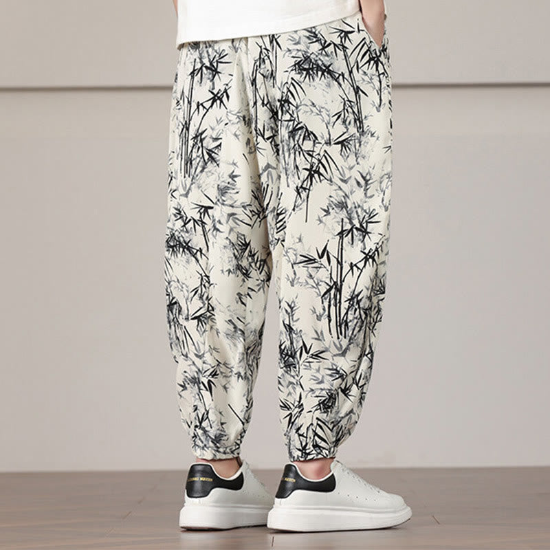 Buddha Stones Bamboo Leaf Pattern Drawstring Men's Harem Pants With Pockets - image 5