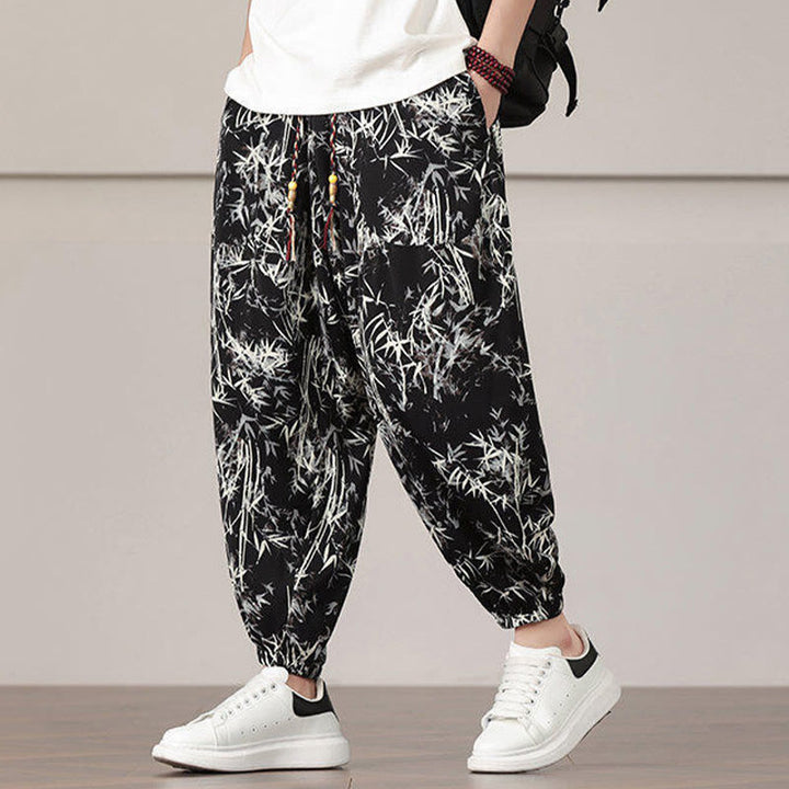 Buddha Stones Bamboo Leaf Pattern Drawstring Men's Harem Pants With Pockets - image 15