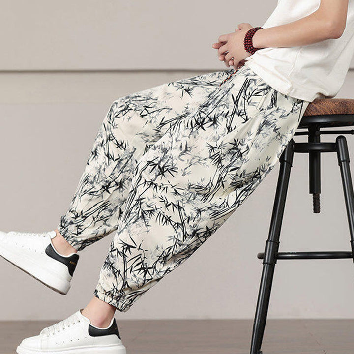 Buddha Stones Bamboo Leaf Pattern Drawstring Men's Harem Pants With Pockets - image 9