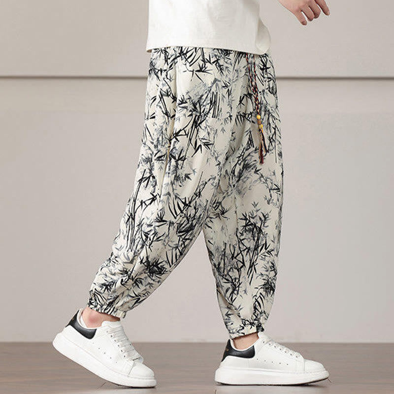 Buddha Stones Bamboo Leaf Pattern Drawstring Men's Harem Pants With Pockets - image 7