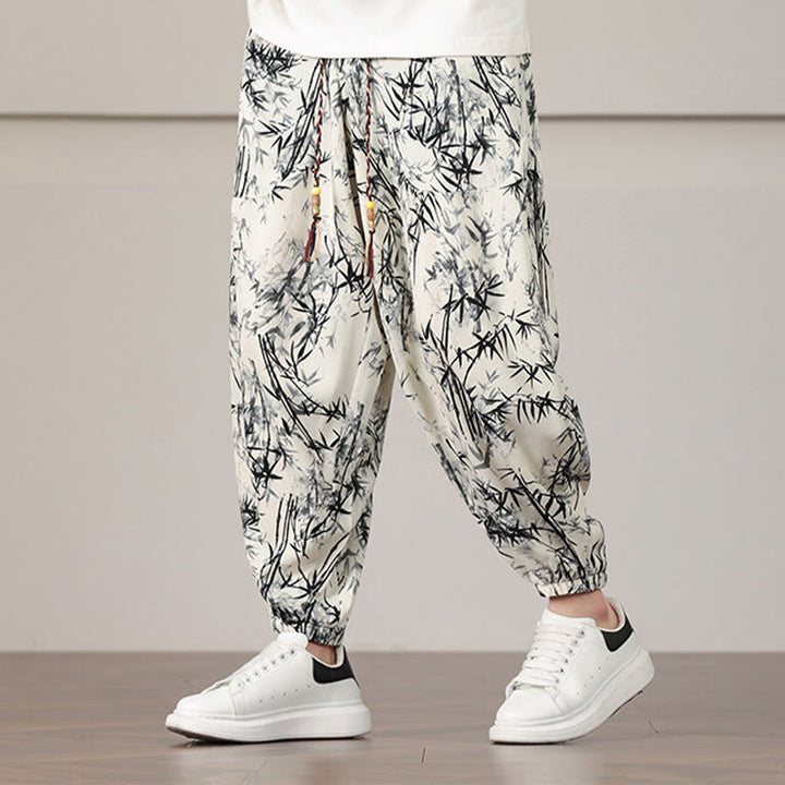 Buddha Stones Bamboo Leaf Pattern Drawstring Men's Harem Pants With Pockets - image 2