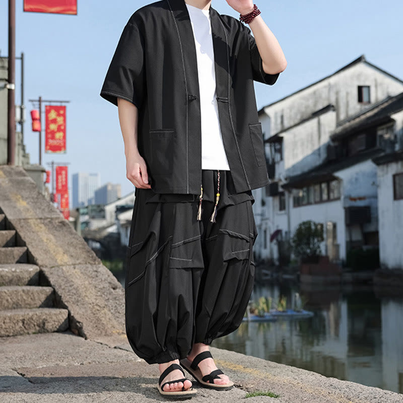 Buddha Stones 2Pcs Black Frog-Button Cotton Men's Kimono Jacket Drawstring Wide Leg Pants With Pockets - image 2