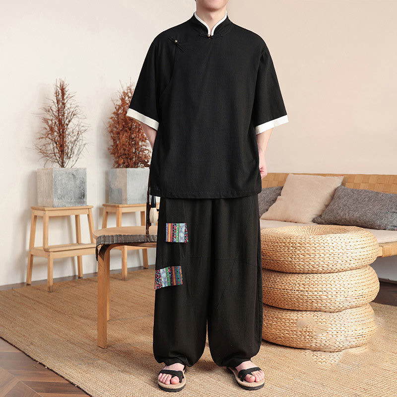 Buddha Stones 2Pcs Chinese Frog-button Men's Shirt Wide Leg Pants Meditation Cloth Set - Black - US/UK/AU46，EU56 (5XL) - image 0