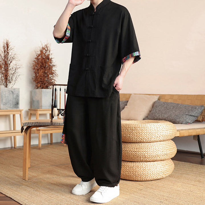 Buddha Stones 2Pcs Patchwork Chinese Frog-Button Shirt Wide Leg Pants Men's Meditation Cloth Set With Pockets - image 15