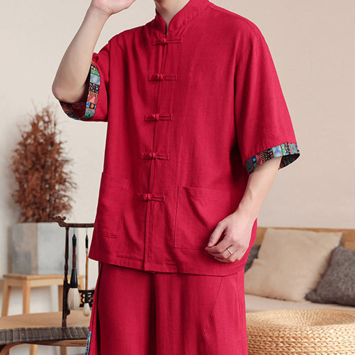 Buddha Stones 2Pcs Patchwork Chinese Frog-Button Shirt Wide Leg Pants Men's Meditation Cloth Set With Pockets - image 26