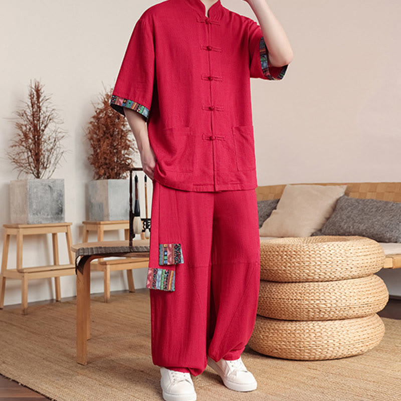 Buddha Stones 2Pcs Patchwork Chinese Frog-Button Shirt Wide Leg Pants Men's Meditation Cloth Set With Pockets - image 25