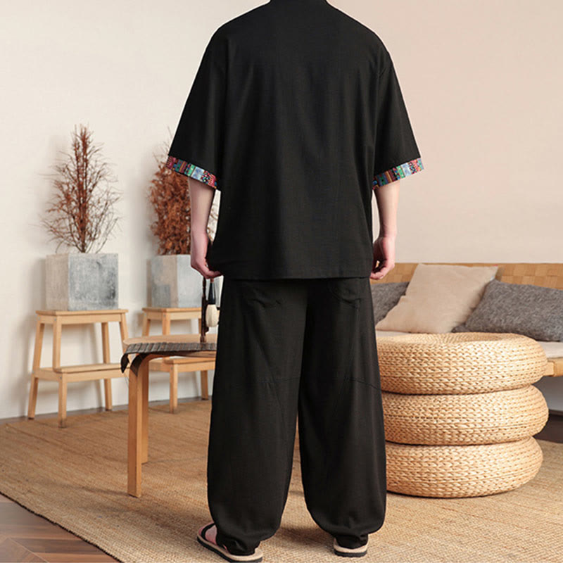 Buddha Stones 2Pcs Patchwork Chinese Frog-Button Shirt Wide Leg Pants Men's Meditation Cloth Set With Pockets - image 12