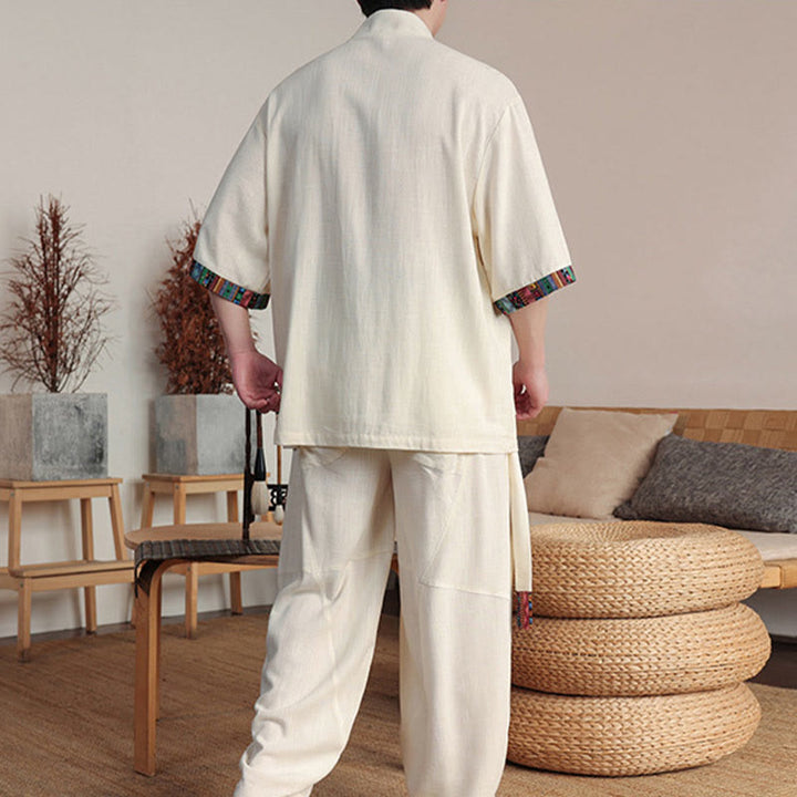 Buddha Stones 2Pcs Patchwork Chinese Frog-Button Shirt Wide Leg Pants Men's Meditation Cloth Set With Pockets - image 3
