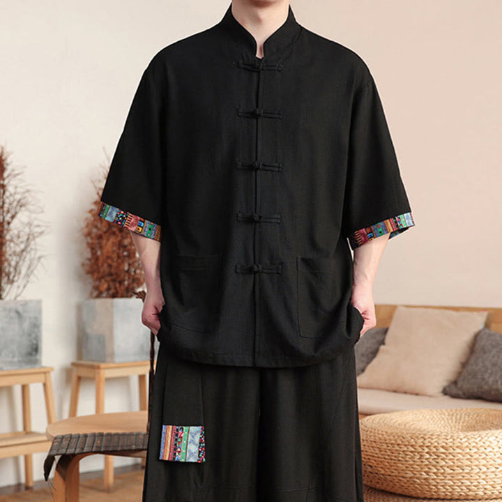 Buddha Stones 2Pcs Patchwork Chinese Frog-Button Shirt Wide Leg Pants Men's Meditation Cloth Set With Pockets - image 17