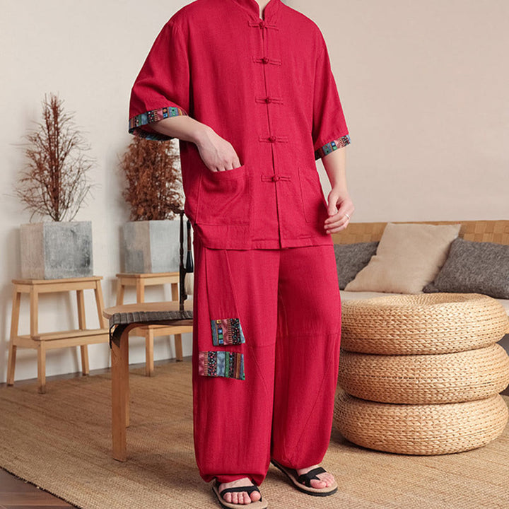 Buddha Stones 2Pcs Patchwork Chinese Frog-Button Shirt Wide Leg Pants Men's Meditation Cloth Set With Pockets - image 22