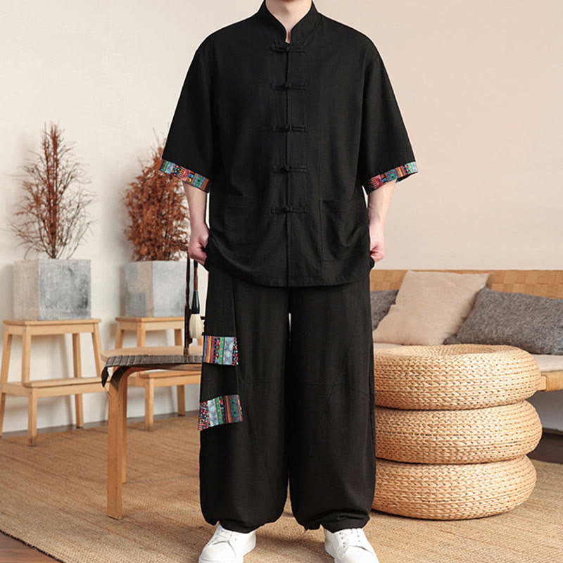 Buddha Stones 2Pcs Patchwork Chinese Frog-Button Shirt Wide Leg Pants Men's Meditation Cloth Set With Pockets - image 14