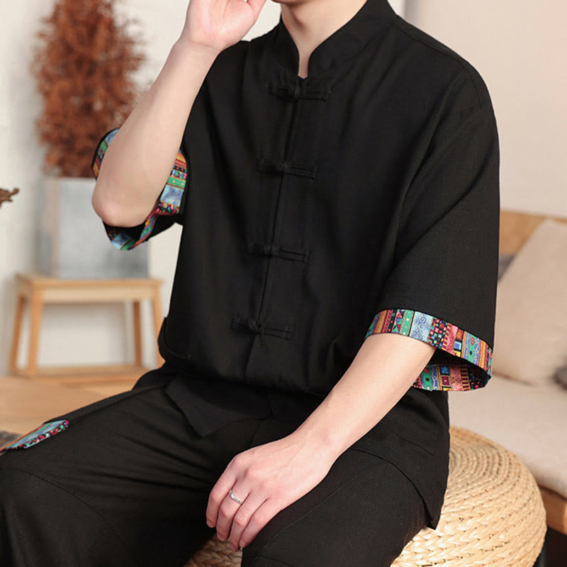 Buddha Stones 2Pcs Patchwork Chinese Frog-Button Shirt Wide Leg Pants Men's Meditation Cloth Set With Pockets - image 16