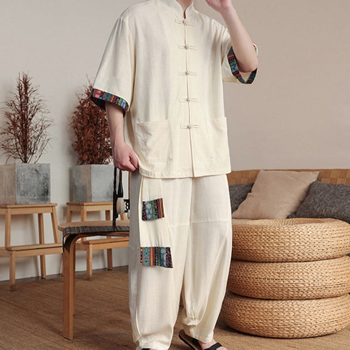 Buddha Stones 2Pcs Patchwork Chinese Frog-Button Shirt Wide Leg Pants Men's Meditation Cloth Set With Pockets - image 2