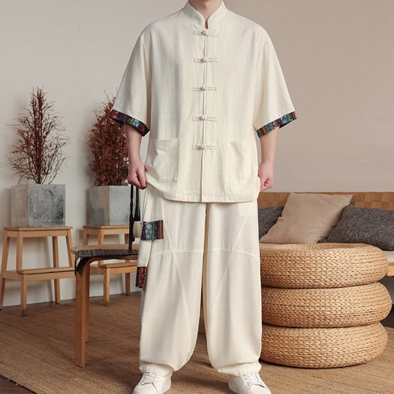 Buddha Stones 2Pcs Patchwork Chinese Frog-Button Shirt Wide Leg Pants Men's Meditation Cloth Set With Pockets - image 6