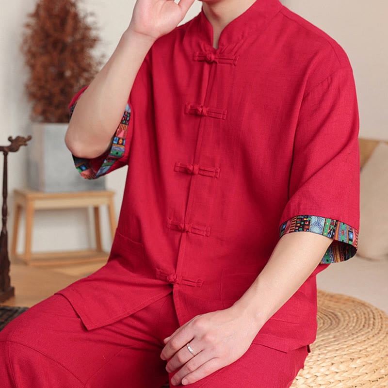 Buddha Stones 2Pcs Patchwork Chinese Frog-Button Shirt Wide Leg Pants Men's Meditation Cloth Set With Pockets - image 27