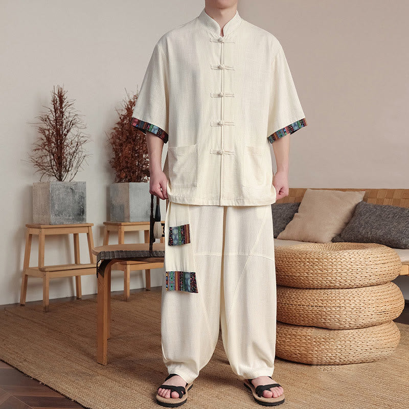 Buddha Stones 2Pcs Patchwork Chinese Frog-Button Shirt Wide Leg Pants Men's Meditation Cloth Set With Pockets - Beige - US/UK/AU46，EU56 (5XL) - image 0