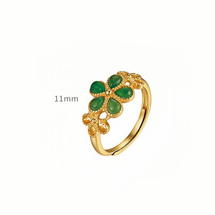 Buddha Stones Natural Hetian Jade 925 Sterling Silver Plated Gold Flower Adjustable Prosperity Ring - image 9