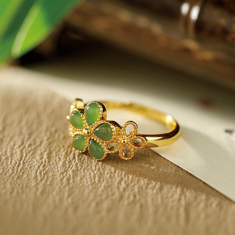 Buddha Stones Natural Hetian Jade 925 Sterling Silver Plated Gold Flower Adjustable Prosperity Ring - image 2