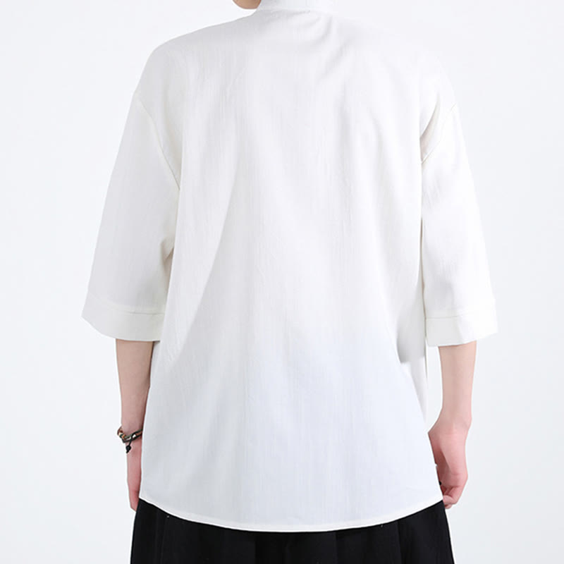 Buddha Stones Pure Color Frog-Button Half Sleeve Linen Men's Shirt - image 2
