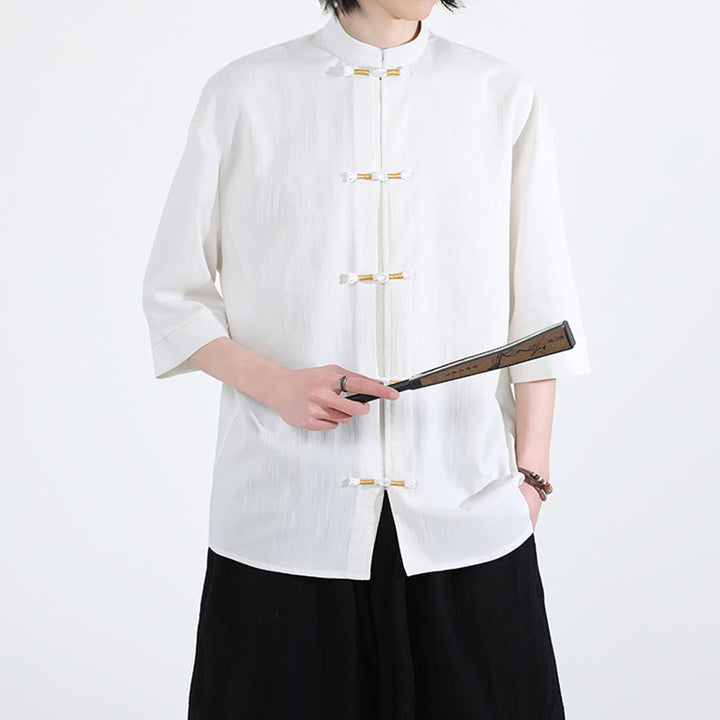 Buddha Stones Pure Color Frog-Button Half Sleeve Linen Men's Shirt - image 4