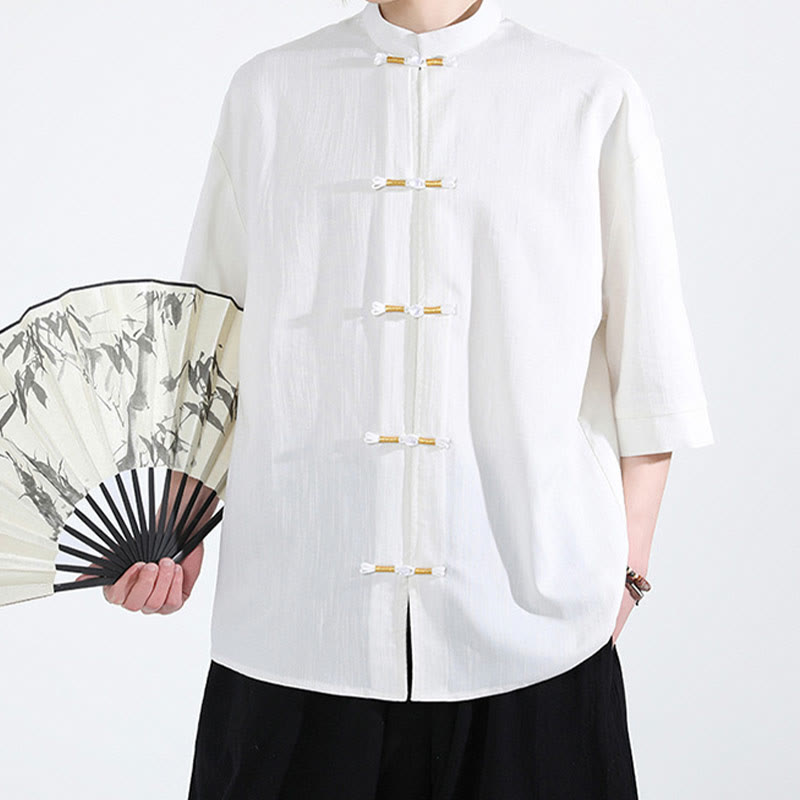 Buddha Stones Pure Color Frog-Button Half Sleeve Linen Men's Shirt - image 1