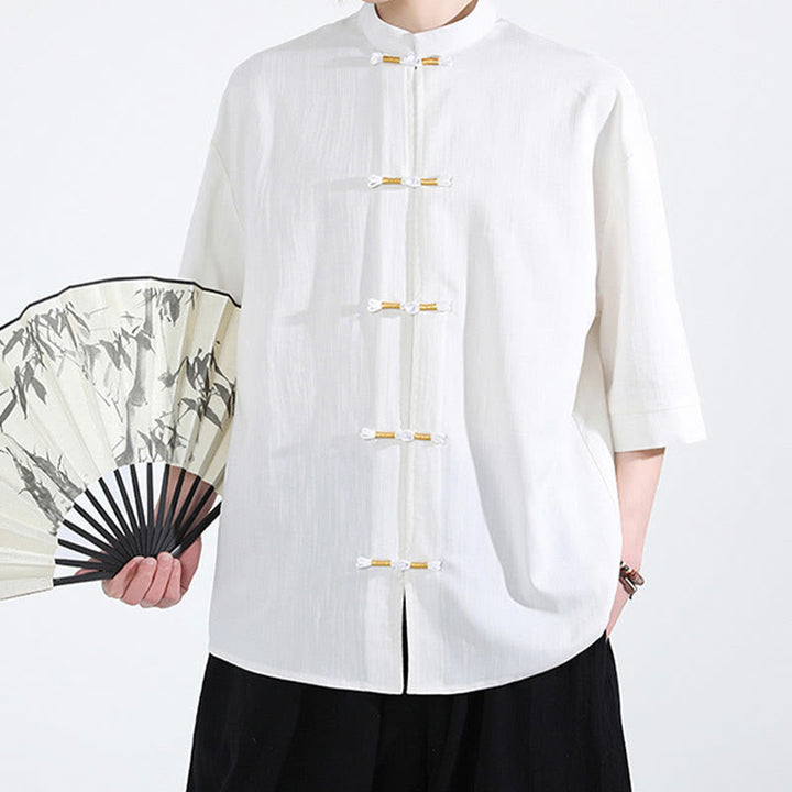 Buddha Stones Pure Color Frog-Button Half Sleeve Linen Men's Shirt - image 1