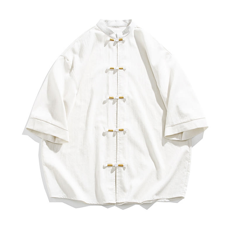 Buddha Stones Pure Color Frog-Button Half Sleeve Linen Men's Shirt - image 7