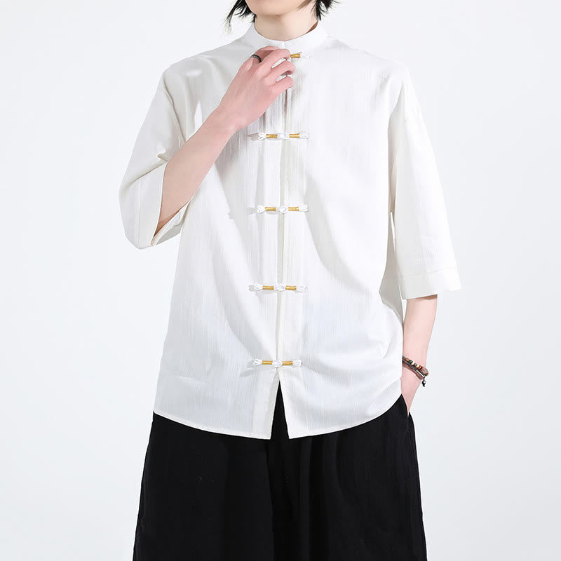 Buddha Stones Pure Color Frog-Button Half Sleeve Linen Men's Shirt - image 6