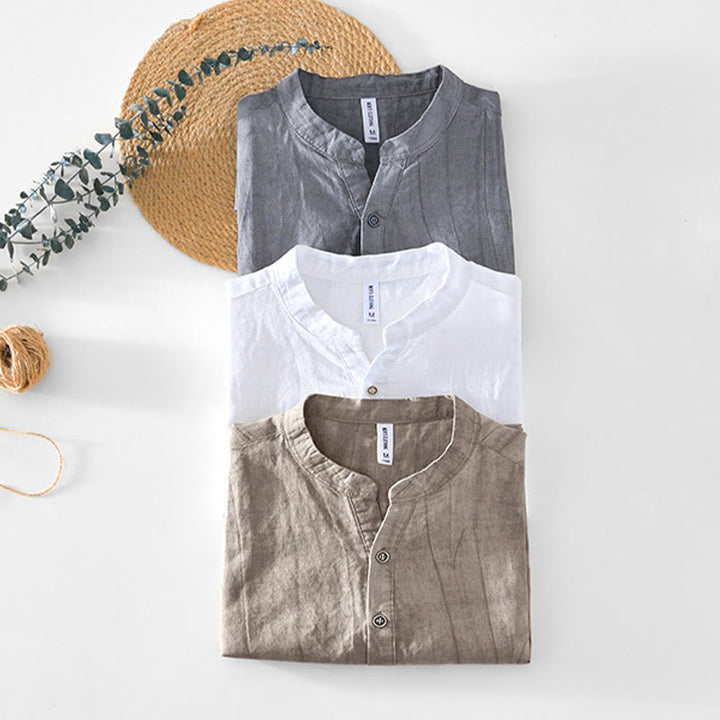 Buddha Stones Half Button Short Sleeve V-neck Ramie Cotton Men's Shirt - image 19