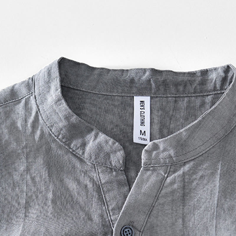 Buddha Stones Half Button Short Sleeve V-neck Ramie Cotton Men's Shirt - image 2