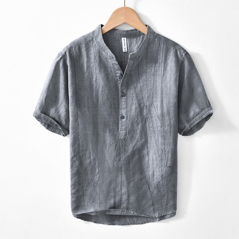Buddha Stones Half Button Short Sleeve V-neck Ramie Cotton Men's Shirt - DimGray - US/UK/AU44，EU54 (4XL) - image 0