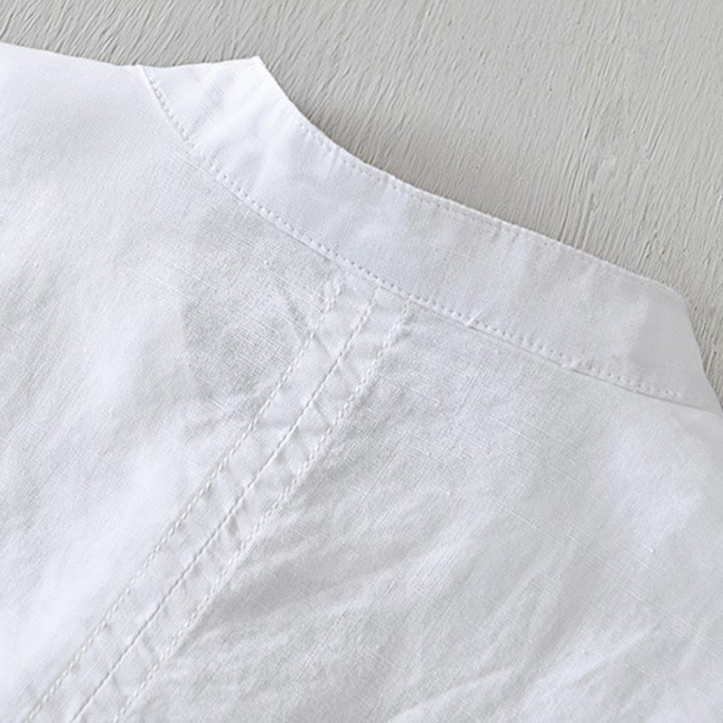 Buddha Stones Causal Simple Design Short Sleeve Cotton Linen Half Button Men's Shirt