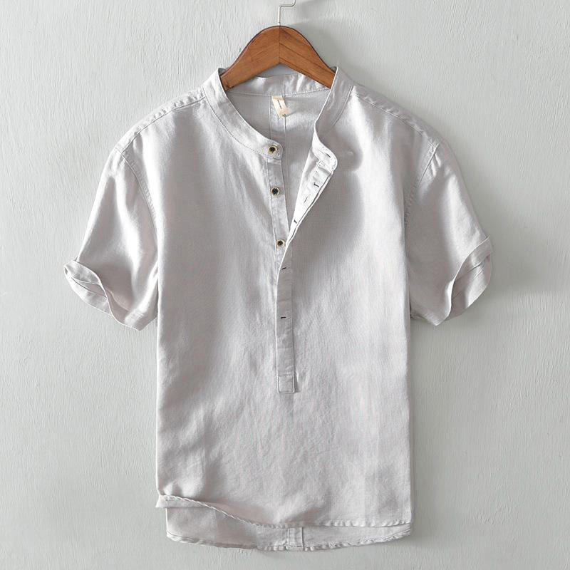 Buddha Stones Causal Simple Design Short Sleeve Cotton Linen Half Button Men's Shirt - Gainsboro - US/UK/AU44，EU54 (4XL) - image 0