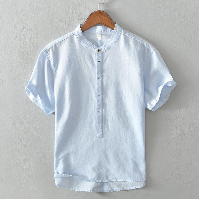 Buddha Stones Causal Simple Design Short Sleeve Cotton Linen Half Button Men's Shirt - LightSkyBlue - US/UK/AU44，EU54 (4XL) - image 9