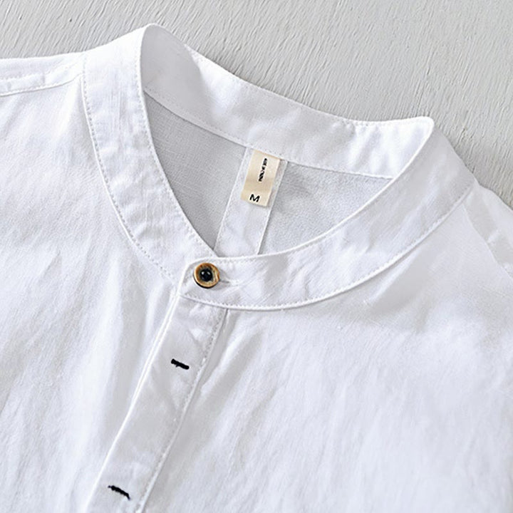 Buddha Stones Causal Simple Design Short Sleeve Cotton Linen Half Button Men's Shirt - image 6