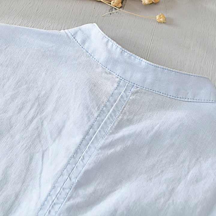 Buddha Stones Causal Simple Design Short Sleeve Cotton Linen Half Button Men's Shirt - image 12