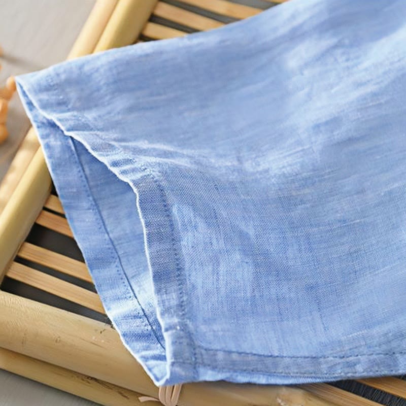 Buddha Stones Daily Solid Color Stand Collar Half Sleeve Linen Half Button Men's Shirt - image 17