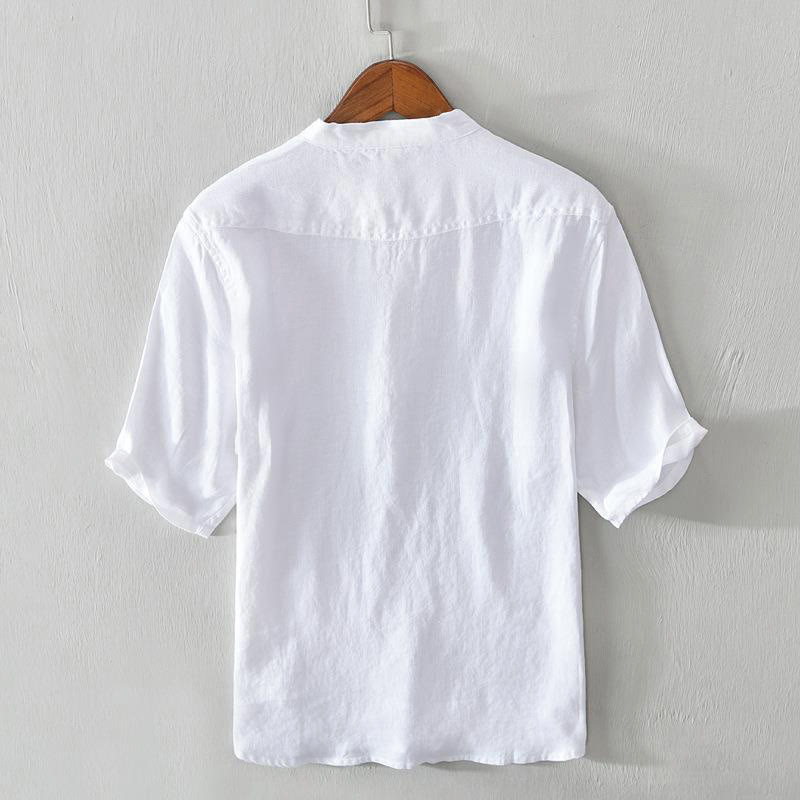 Buddha Stones Daily Solid Color Stand Collar Half Sleeve Linen Half Button Men's Shirt - image 6