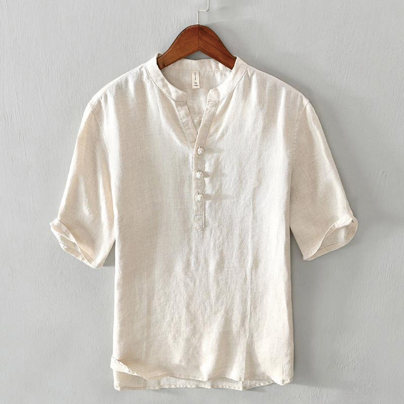 Buddha Stones Daily Solid Color Stand Collar Half Sleeve Linen Half Button Men's Shirt - LightYellow - US/UK/AU42，EU52 (3XL) - image 1